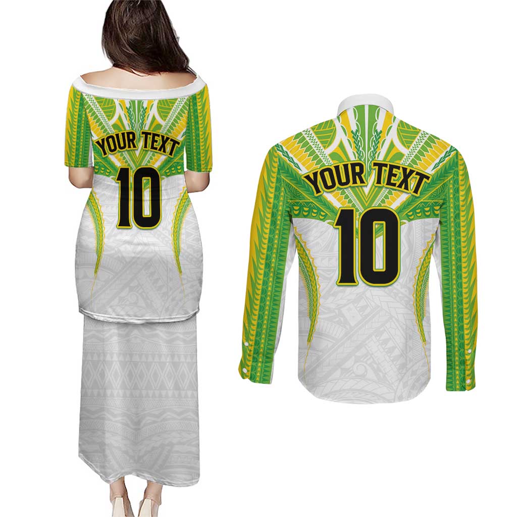 Custom Cook Islands Rugby Couples Matching Puletasi and Long Sleeve Button Shirt Tatau Art Sport Style White Color LT03 - Polynesian Pride