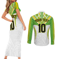 Custom Cook Islands Rugby Couples Matching Short Sleeve Bodycon Dress and Long Sleeve Button Shirt Tatau Art Sport Style White Color LT03 - Polynesian Pride