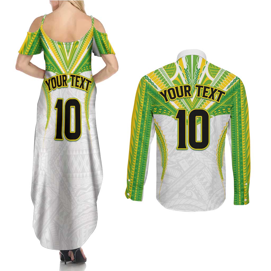Custom Cook Islands Rugby Couples Matching Summer Maxi Dress and Long Sleeve Button Shirt Tatau Art Sport Style White Color LT03 - Polynesian Pride