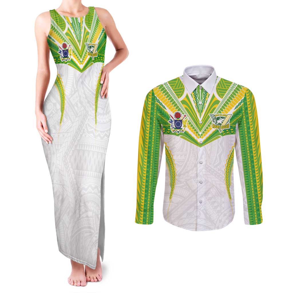 Custom Cook Islands Rugby Couples Matching Tank Maxi Dress and Long Sleeve Button Shirt Tatau Art Sport Style White Color