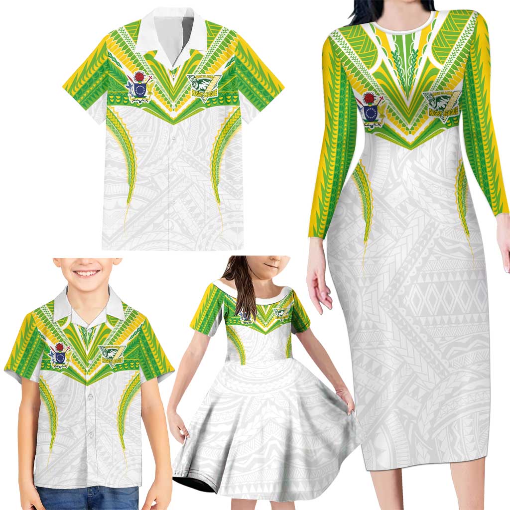 Custom Cook Islands Rugby Family Matching Long Sleeve Bodycon Dress and Hawaiian Shirt Tatau Art Sport Style White Color LT03 - Polynesian Pride