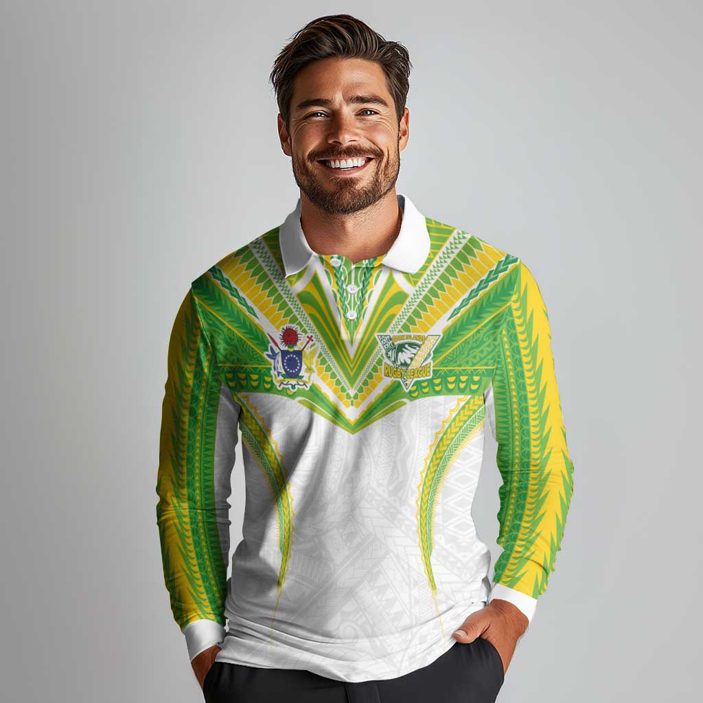 Custom Cook Islands Rugby Long Sleeve Polo Shirt Tatau Art Sport Style White Color LT03 - Polynesian Pride