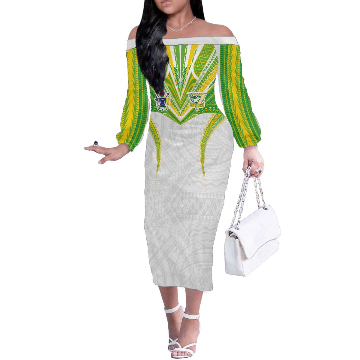 Custom Cook Islands Rugby Off The Shoulder Long Sleeve Dress Tatau Art Sport Style White Color LT03 Women White - Polynesian Pride