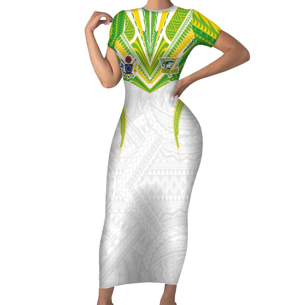 Custom Cook Islands Rugby Short Sleeve Bodycon Dress Tatau Art Sport Style White Color LT03 Long Dress White - Polynesian Pride