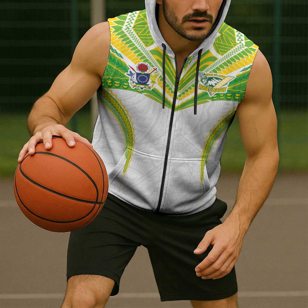 Custom Cook Islands Rugby Sleeveless Zip Hoodie Tatau Art Sport Style White Color LT03 - Polynesian Pride