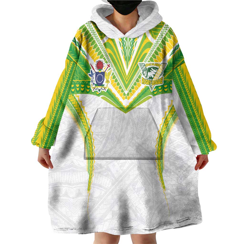 Custom Cook Islands Rugby Wearable Blanket Hoodie Tatau Art Sport Style White Color LT03 - Polynesian Pride