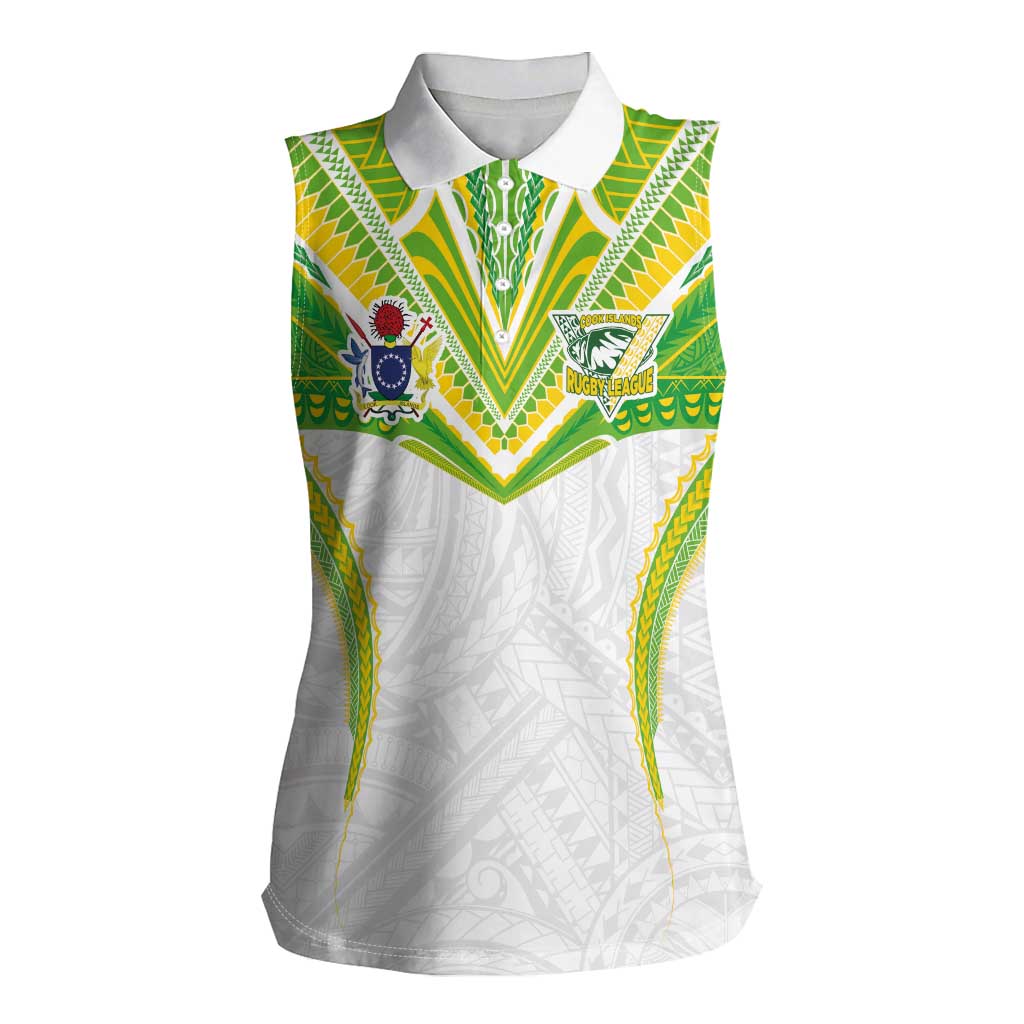 Custom Cook Islands Rugby Women Sleeveless Polo Shirt Tatau Art Sport Style White Color