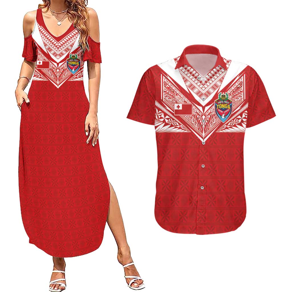 Custom Tonga Rugby Couples Matching Summer Maxi Dress and Hawaiian Shirt Ngatu Motifs and Pacific Patterns