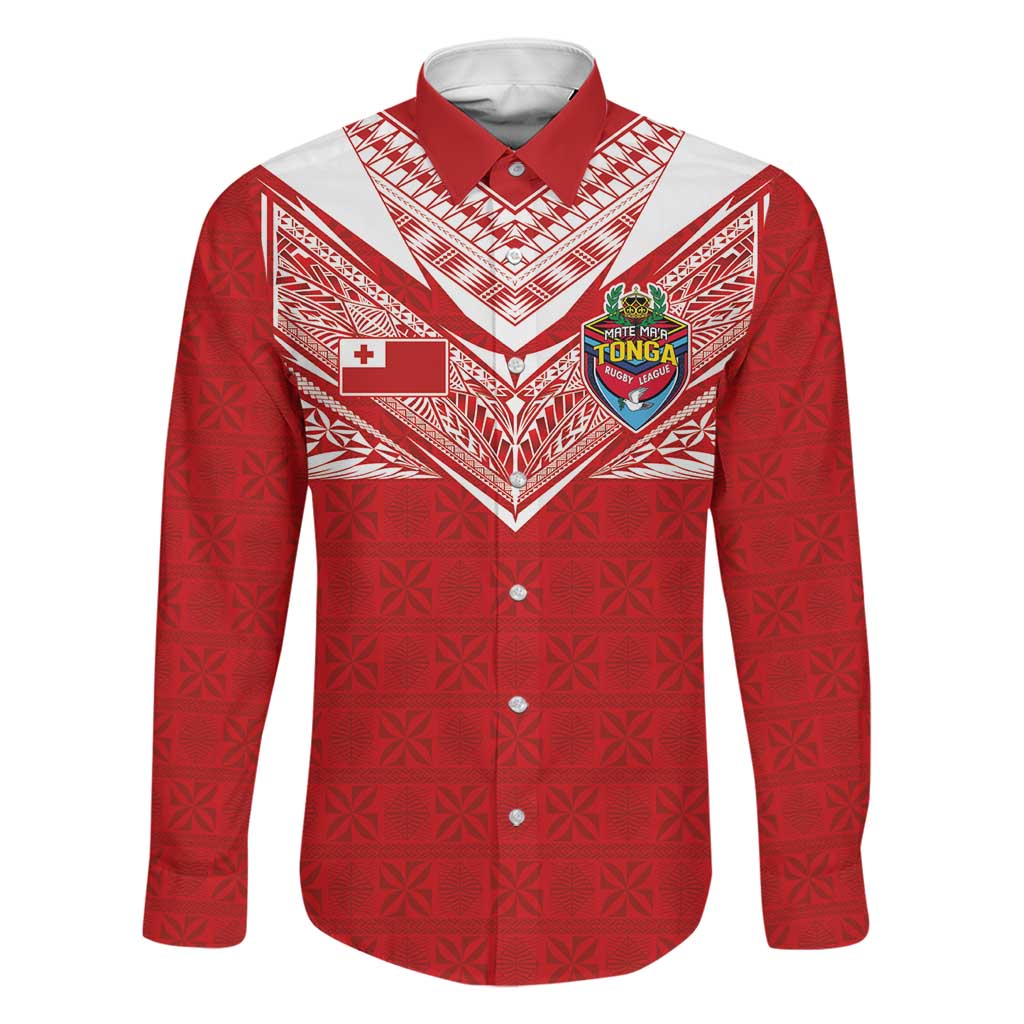 Custom Tonga Rugby Family Matching Long Sleeve Bodycon Dress and Hawaiian Shirt Ngatu Motifs and Pacific Patterns LT03 Dad's Shirt - Long Sleeve Red - Polynesian Pride