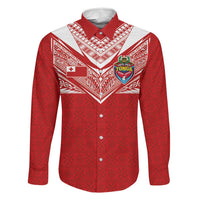 Custom Tonga Rugby Family Matching Long Sleeve Bodycon Dress and Hawaiian Shirt Ngatu Motifs and Pacific Patterns LT03 Dad's Shirt - Long Sleeve Red - Polynesian Pride