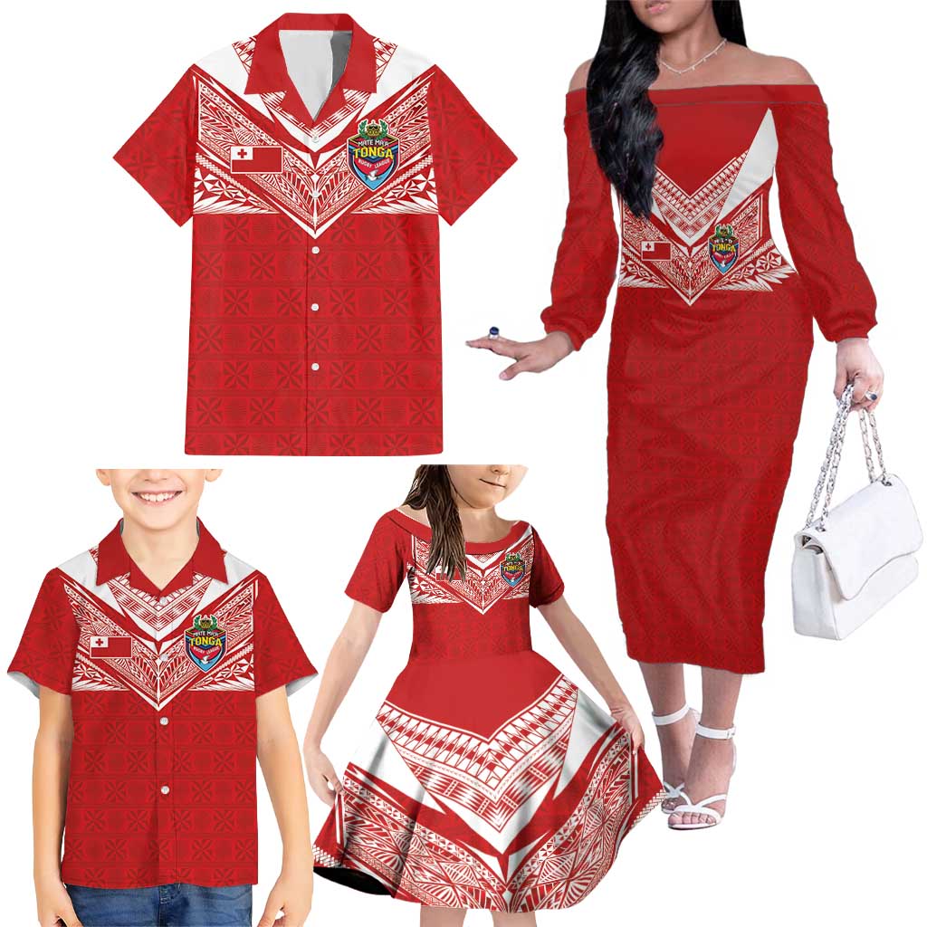 Custom Tonga Rugby Family Matching Off The Shoulder Long Sleeve Dress and Hawaiian Shirt Ngatu Motifs and Pacific Patterns LT03 - Polynesian Pride