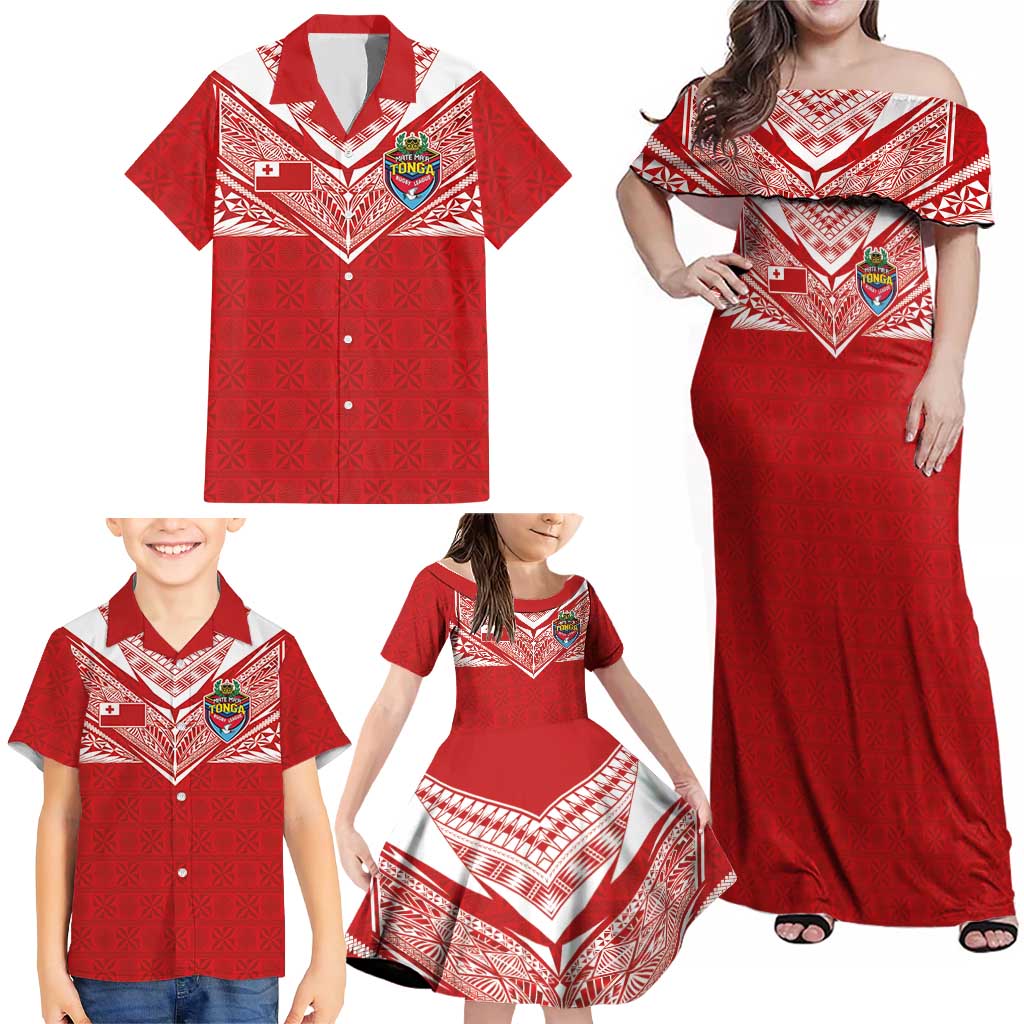 Custom Tonga Rugby Family Matching Off Shoulder Maxi Dress and Hawaiian Shirt Ngatu Motifs and Pacific Patterns