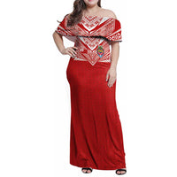 Custom Tonga Rugby Family Matching Off Shoulder Maxi Dress and Hawaiian Shirt Ngatu Motifs and Pacific Patterns LT03 Mom's Dress Red - Polynesian Pride