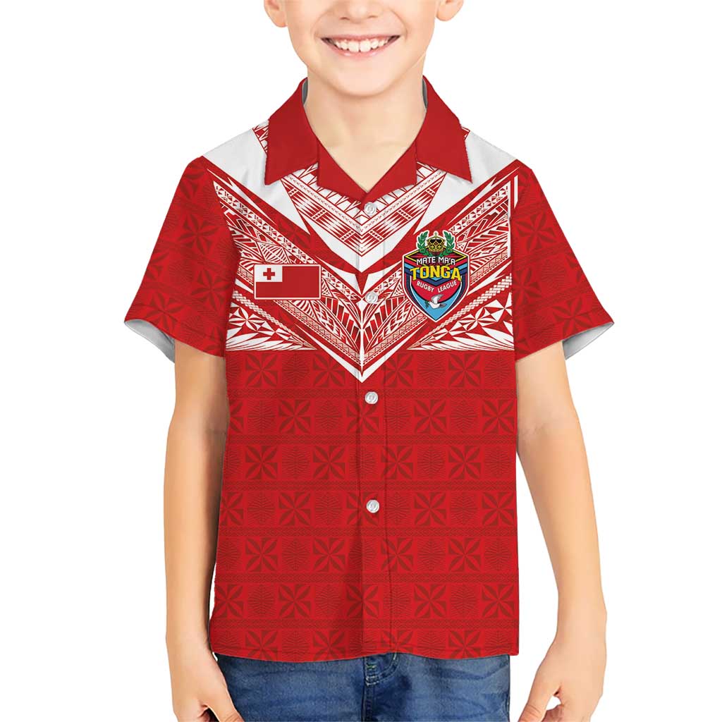 Custom Tonga Rugby Family Matching Off Shoulder Maxi Dress and Hawaiian Shirt Ngatu Motifs and Pacific Patterns LT03 Son's Shirt Red - Polynesian Pride