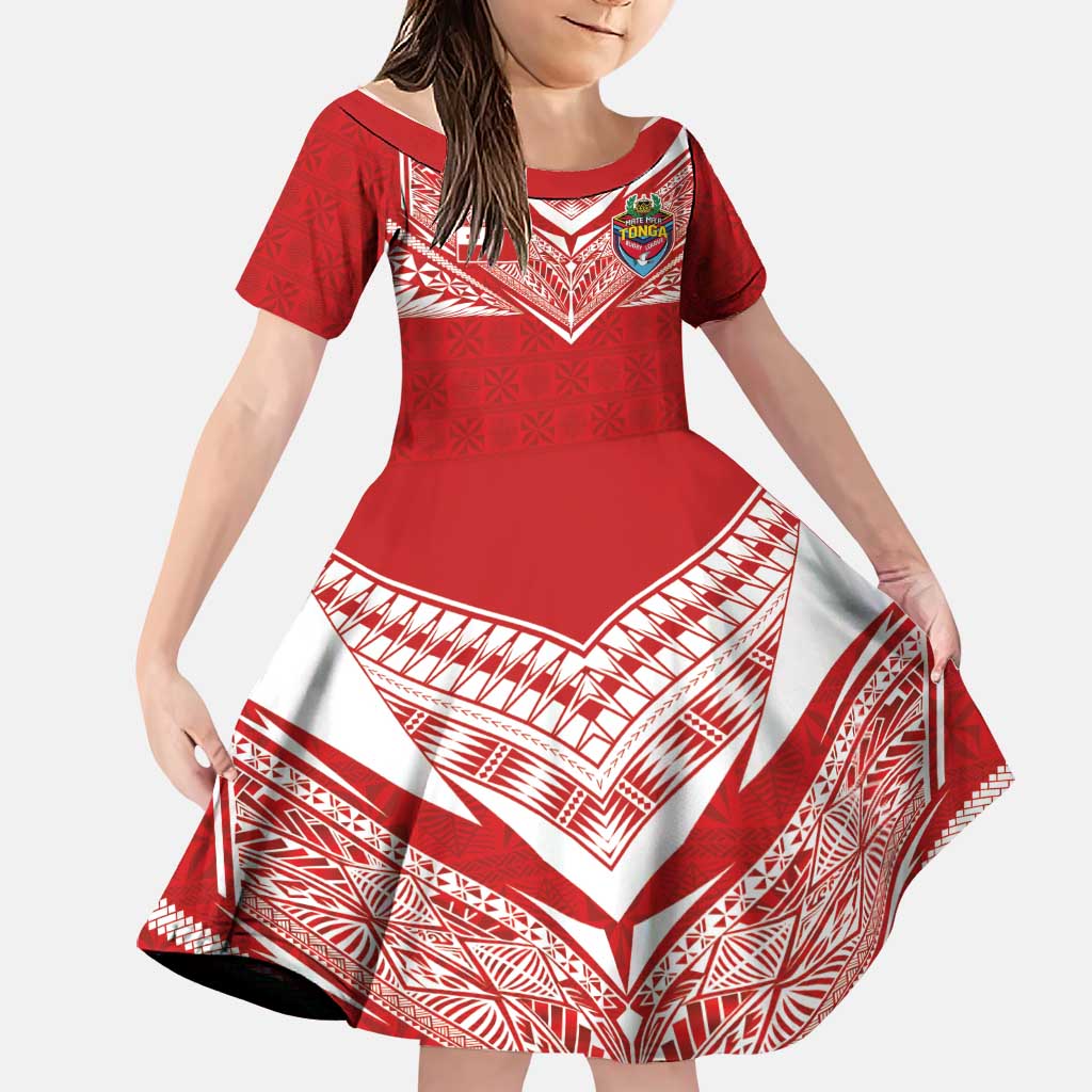 Custom Tonga Rugby Family Matching Off Shoulder Short Dress and Hawaiian Shirt Ngatu Motifs and Pacific Patterns LT03 Daughter's Dress Red - Polynesian Pride