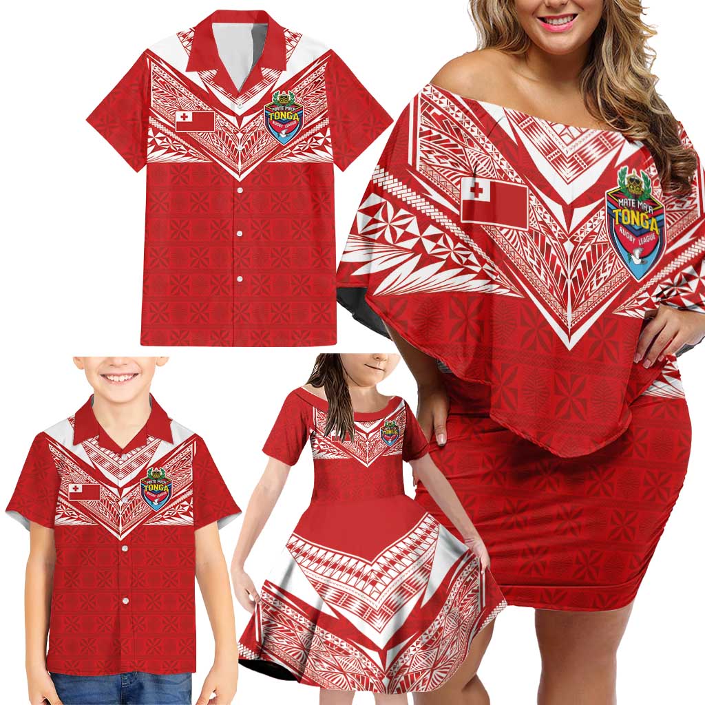 Custom Tonga Rugby Family Matching Off Shoulder Short Dress and Hawaiian Shirt Ngatu Motifs and Pacific Patterns LT03 - Polynesian Pride