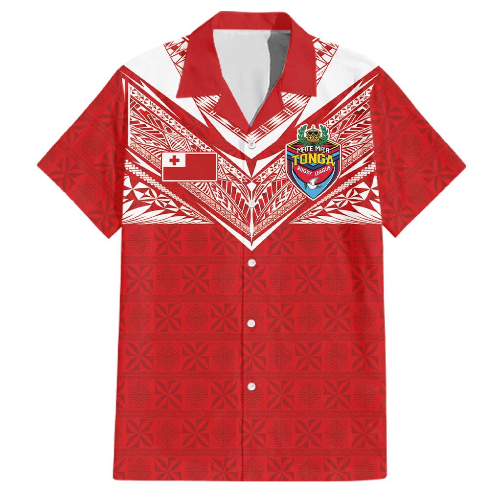 Custom Tonga Rugby Family Matching Off Shoulder Short Dress and Hawaiian Shirt Ngatu Motifs and Pacific Patterns LT03 Dad's Shirt - Short Sleeve Red - Polynesian Pride
