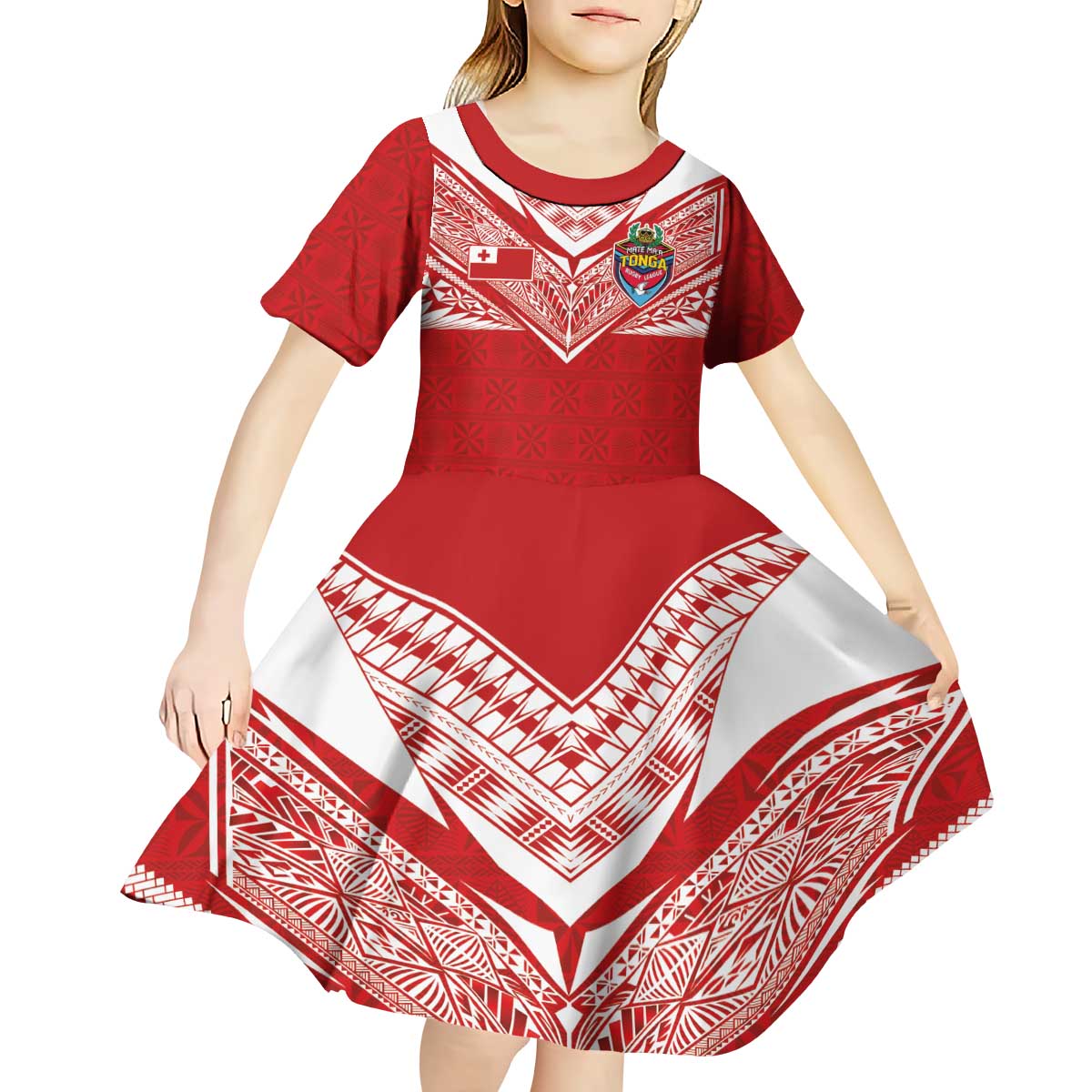 Custom Tonga Rugby Kid Short Sleeve Dress Ngatu Motifs and Pacific Patterns