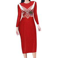 Custom Tonga Rugby Long Sleeve Bodycon Dress Ngatu Motifs and Pacific Patterns LT03 Long Dress Red - Polynesian Pride