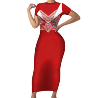 Custom Tonga Rugby Short Sleeve Bodycon Dress Ngatu Motifs and Pacific Patterns LT03 Long Dress Red - Polynesian Pride