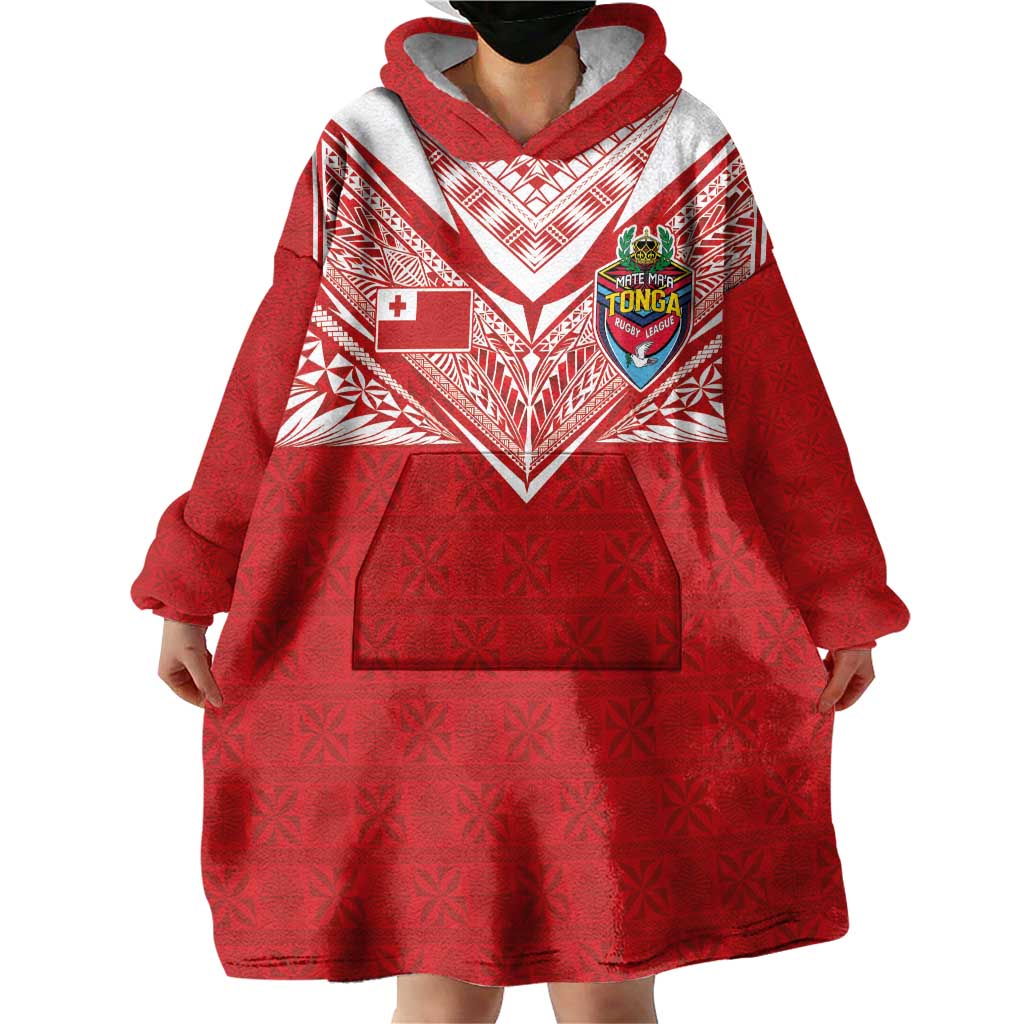 Custom Tonga Rugby Wearable Blanket Hoodie Ngatu Motifs and Pacific Patterns