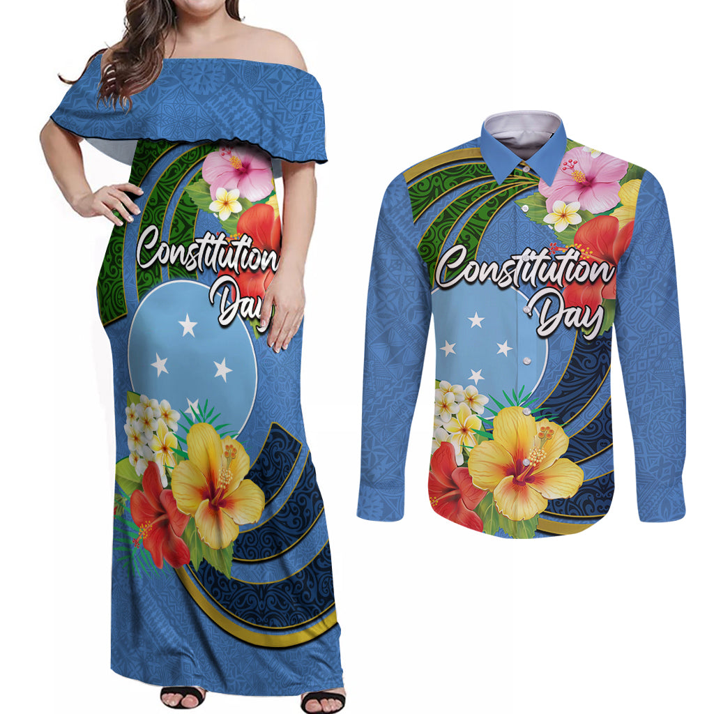 Micronesia Constitution Day Couples Matching Off Shoulder Maxi Dress and Long Sleeve Button Shirt Hibiscus and Tapa Tribal Pattern LT03 Blue - Polynesian Pride