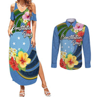 Micronesia Constitution Day Couples Matching Summer Maxi Dress and Long Sleeve Button Shirt Hibiscus and Tapa Tribal Pattern LT03 Blue - Polynesian Pride