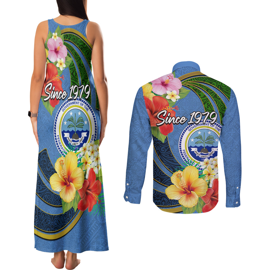 Micronesia Constitution Day Couples Matching Tank Maxi Dress and Long Sleeve Button Shirt Hibiscus and Tapa Tribal Pattern LT03 - Polynesian Pride