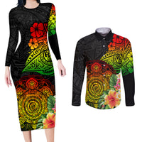 Polynesia Victory Day Couples Matching Long Sleeve Bodycon Dress and Long Sleeve Button Shirt Tribal Turtle and Hibiscus LT03 Reggae - Polynesian Pride