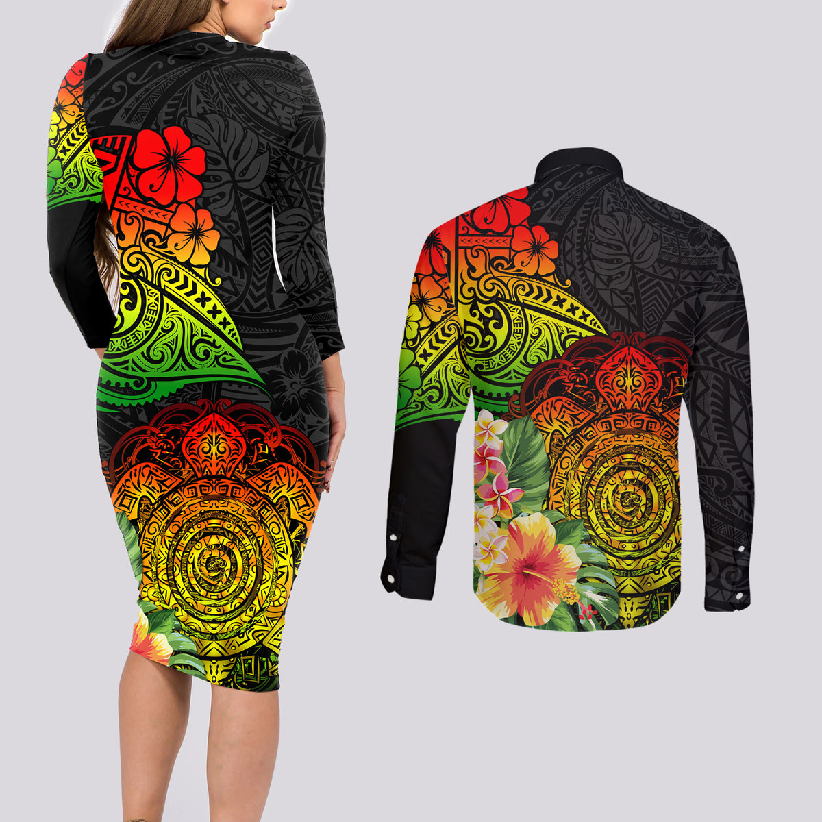 Polynesia Victory Day Couples Matching Long Sleeve Bodycon Dress and Long Sleeve Button Shirt Tribal Turtle and Hibiscus LT03 - Polynesian Pride