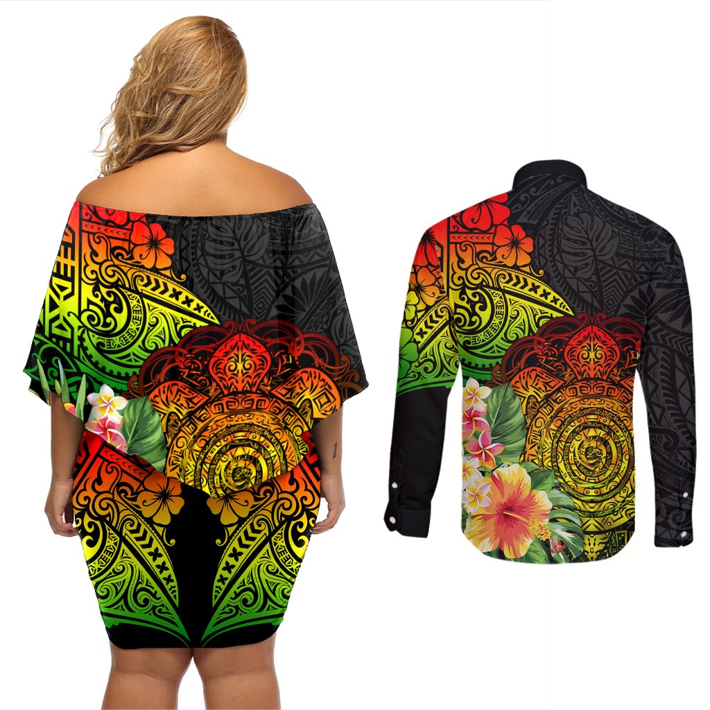 Polynesia Victory Day Couples Matching Off Shoulder Short Dress and Long Sleeve Button Shirt Tribal Turtle and Hibiscus LT03 - Polynesian Pride