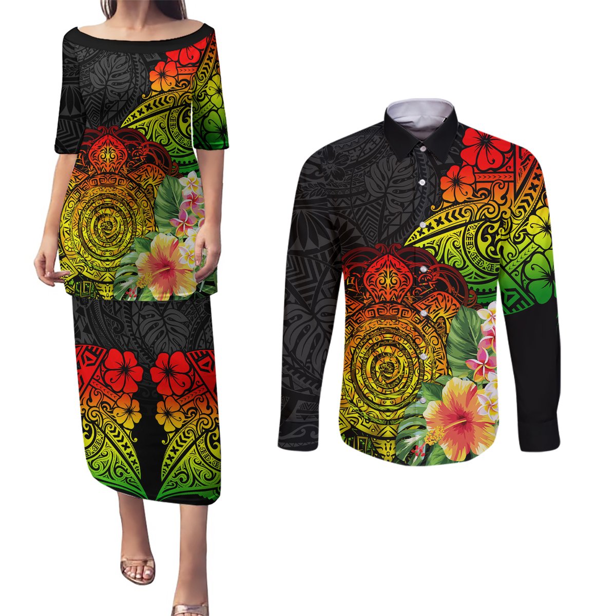 Polynesia Victory Day Couples Matching Puletasi and Long Sleeve Button Shirt Tribal Turtle and Hibiscus LT03 Reggae - Polynesian Pride