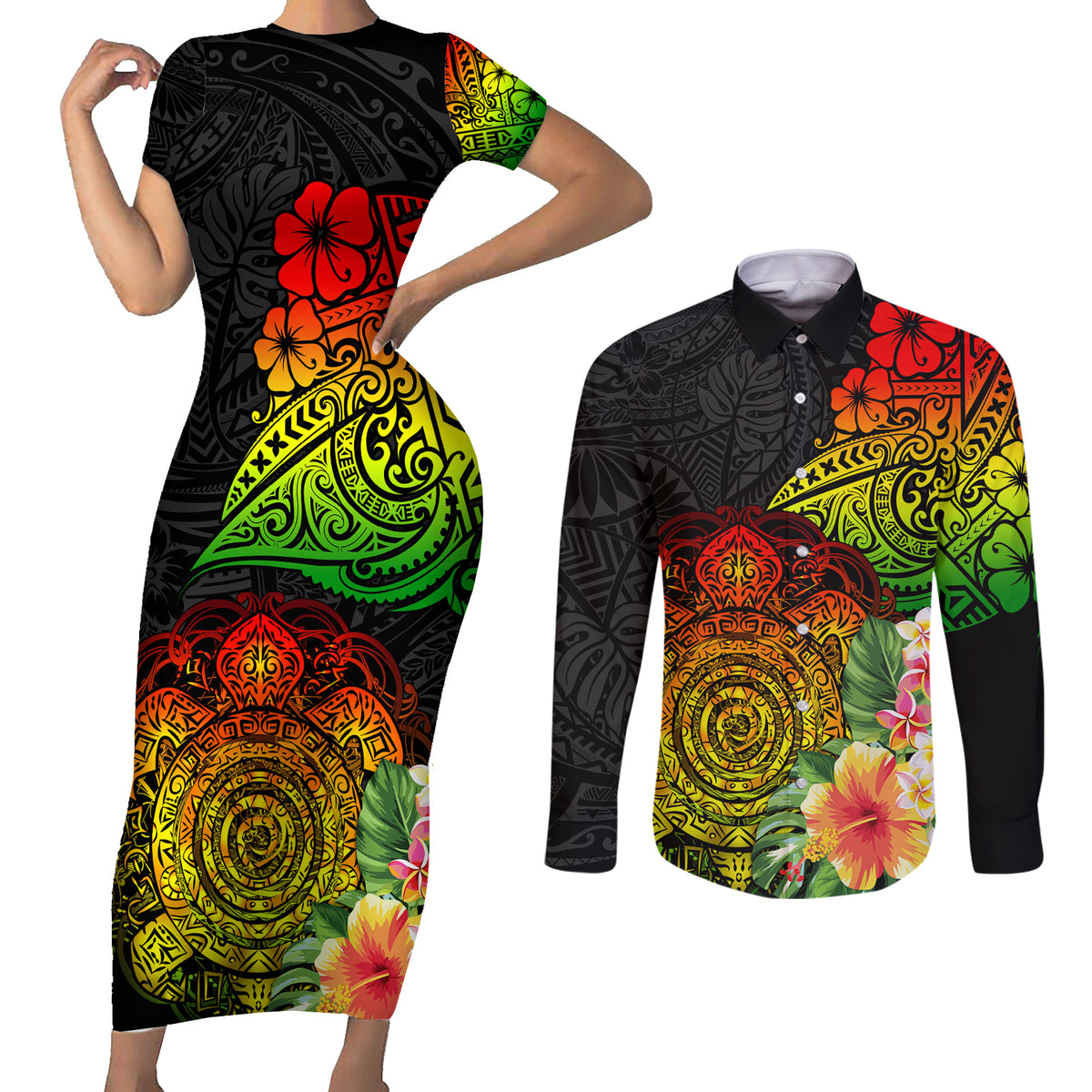 Polynesia Victory Day Couples Matching Short Sleeve Bodycon Dress and Long Sleeve Button Shirt Tribal Turtle and Hibiscus LT03 Reggae - Polynesian Pride