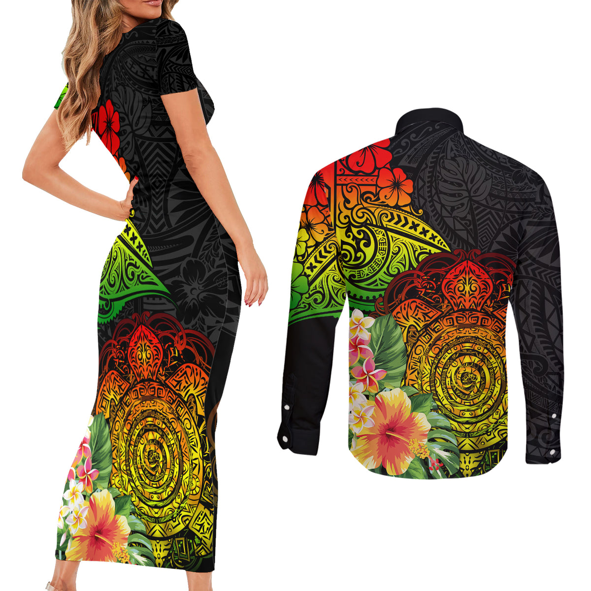 Polynesia Victory Day Couples Matching Short Sleeve Bodycon Dress and Long Sleeve Button Shirt Tribal Turtle and Hibiscus LT03 - Polynesian Pride