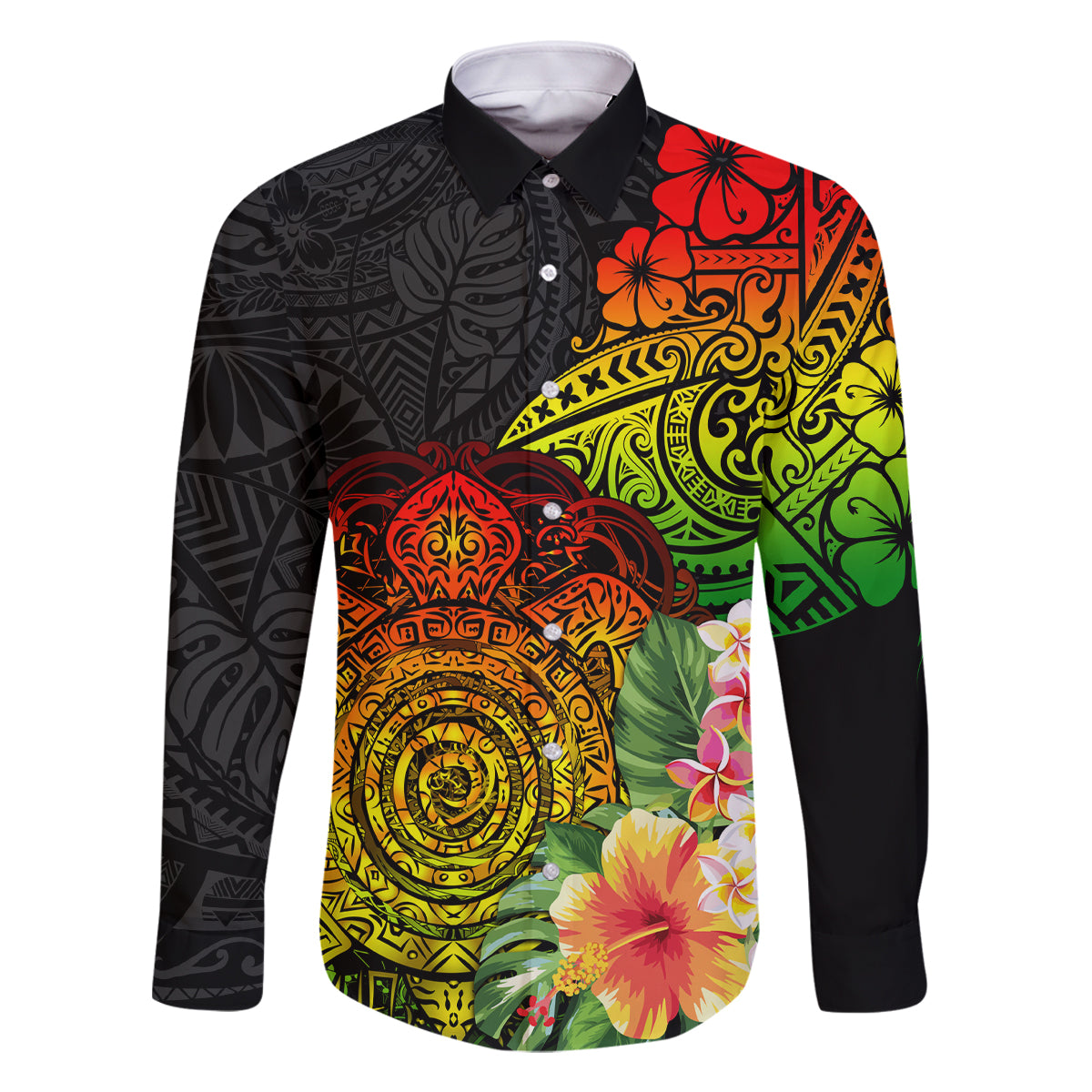 Polynesia Victory Day Family Matching Mermaid Dress and Hawaiian Shirt Tribal Turtle and Hibiscus LT03 Dad's Shirt - Long Sleeve Reggae - Polynesian Pride