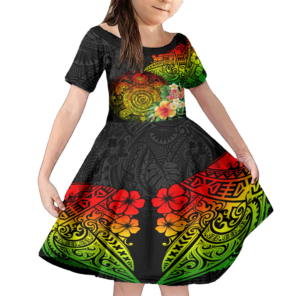 Polynesia Victory Day Kid Short Sleeve Dress Tribal Turtle and Hibiscus LT03 KID Reggae - Polynesian Pride