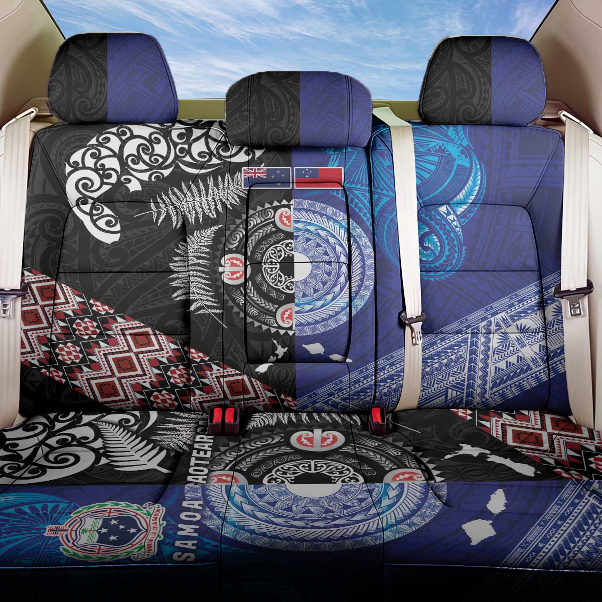 Samoa and Aotearoa Together Back Car Seat Cover Tatau Art Tattoos-Taniko and Maori with Fern LT03 One Size Black - Polynesian Pride