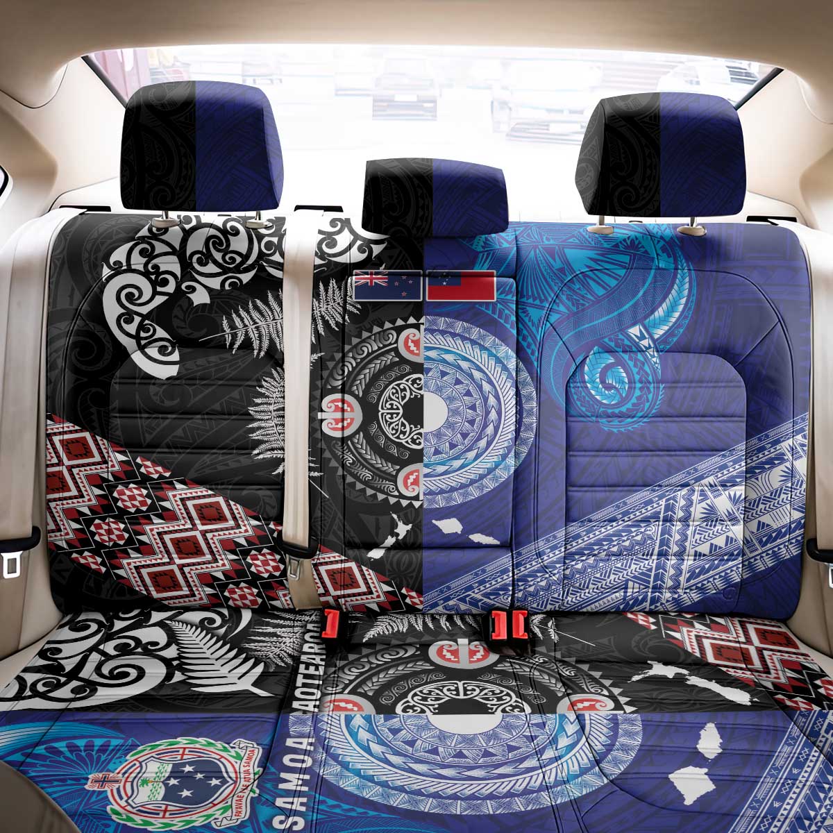 Samoa and Aotearoa Together Back Car Seat Cover Tatau Art Tattoos-Taniko and Maori with Fern LT03 - Polynesian Pride