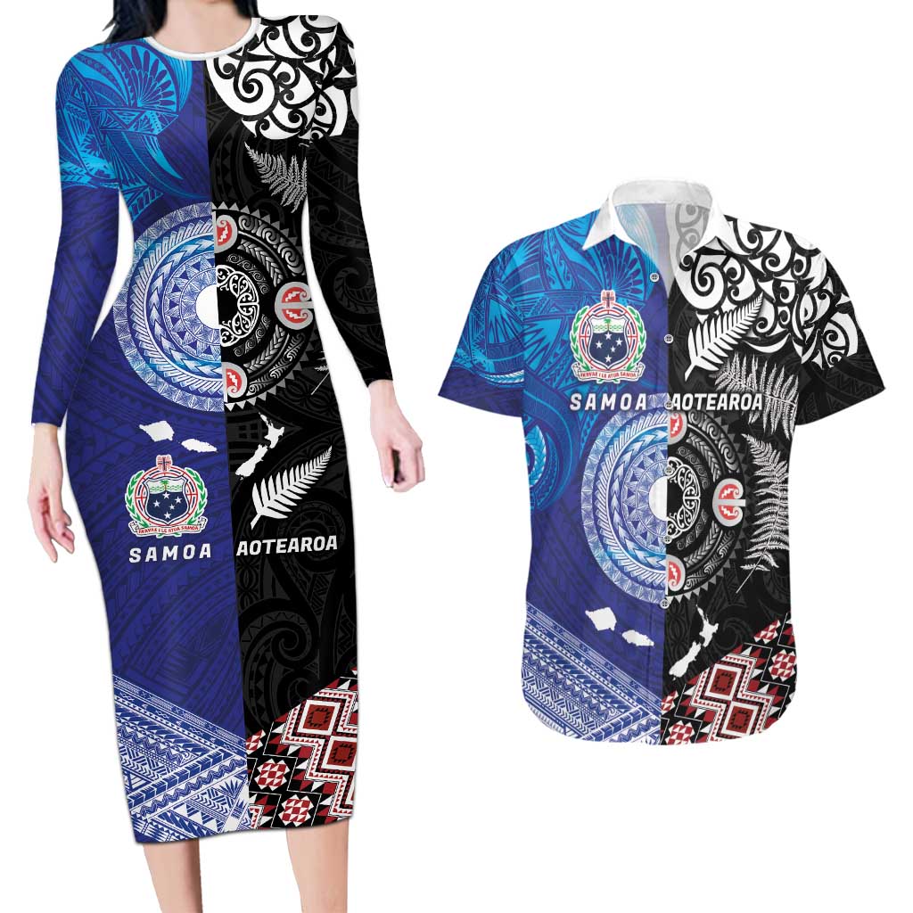 Samoa and Aotearoa Together Couples Matching Long Sleeve Bodycon Dress and Hawaiian Shirt Tatau Art Tattoos-Taniko and Maori with Fern LT03 Black - Polynesian Pride