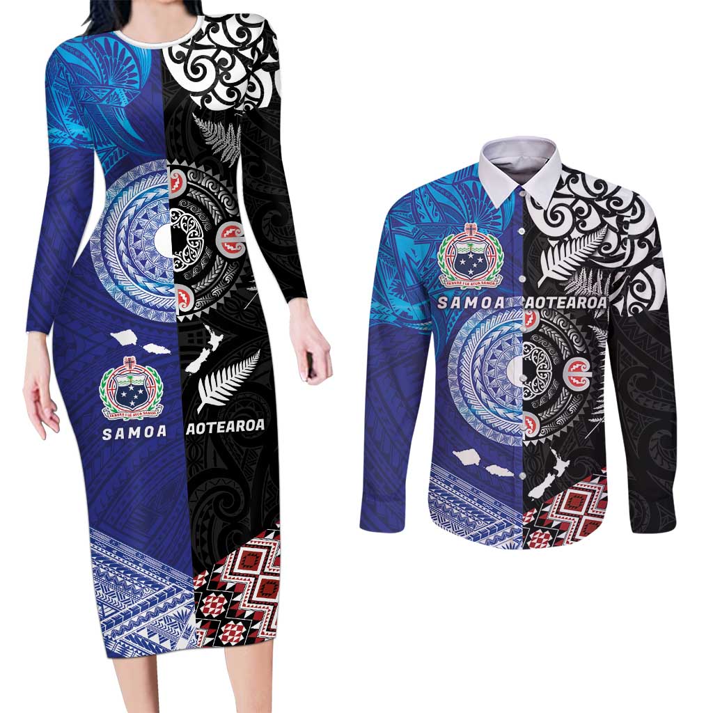 Samoa and Aotearoa Together Couples Matching Long Sleeve Bodycon Dress and Long Sleeve Button Shirt Tatau Art Tattoos-Taniko and Maori with Fern LT03 Black - Polynesian Pride