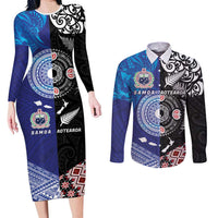 Samoa and Aotearoa Together Couples Matching Long Sleeve Bodycon Dress and Long Sleeve Button Shirt Tatau Art Tattoos-Taniko and Maori with Fern LT03 Black - Polynesian Pride