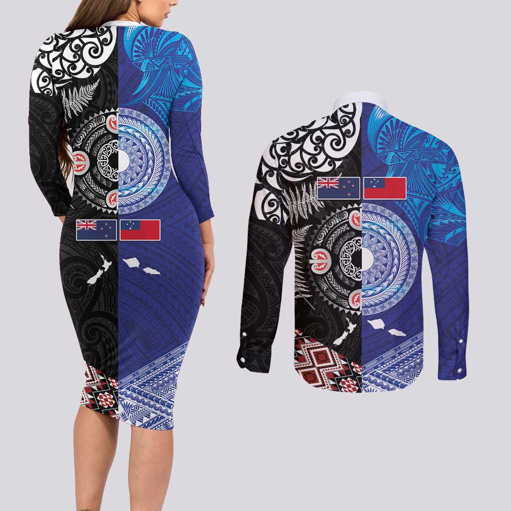 Samoa and Aotearoa Together Couples Matching Long Sleeve Bodycon Dress and Long Sleeve Button Shirt Tatau Art Tattoos-Taniko and Maori with Fern LT03 - Polynesian Pride