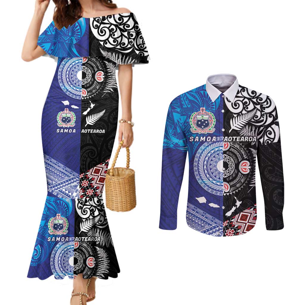 Samoa and Aotearoa Together Couples Matching Mermaid Dress and Long Sleeve Button Shirt Tatau Art Tattoos-Taniko and Maori with Fern LT03 Black - Polynesian Pride