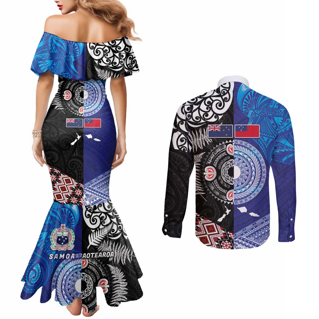 Samoa and Aotearoa Together Couples Matching Mermaid Dress and Long Sleeve Button Shirt Tatau Art Tattoos-Taniko and Maori with Fern LT03 - Polynesian Pride