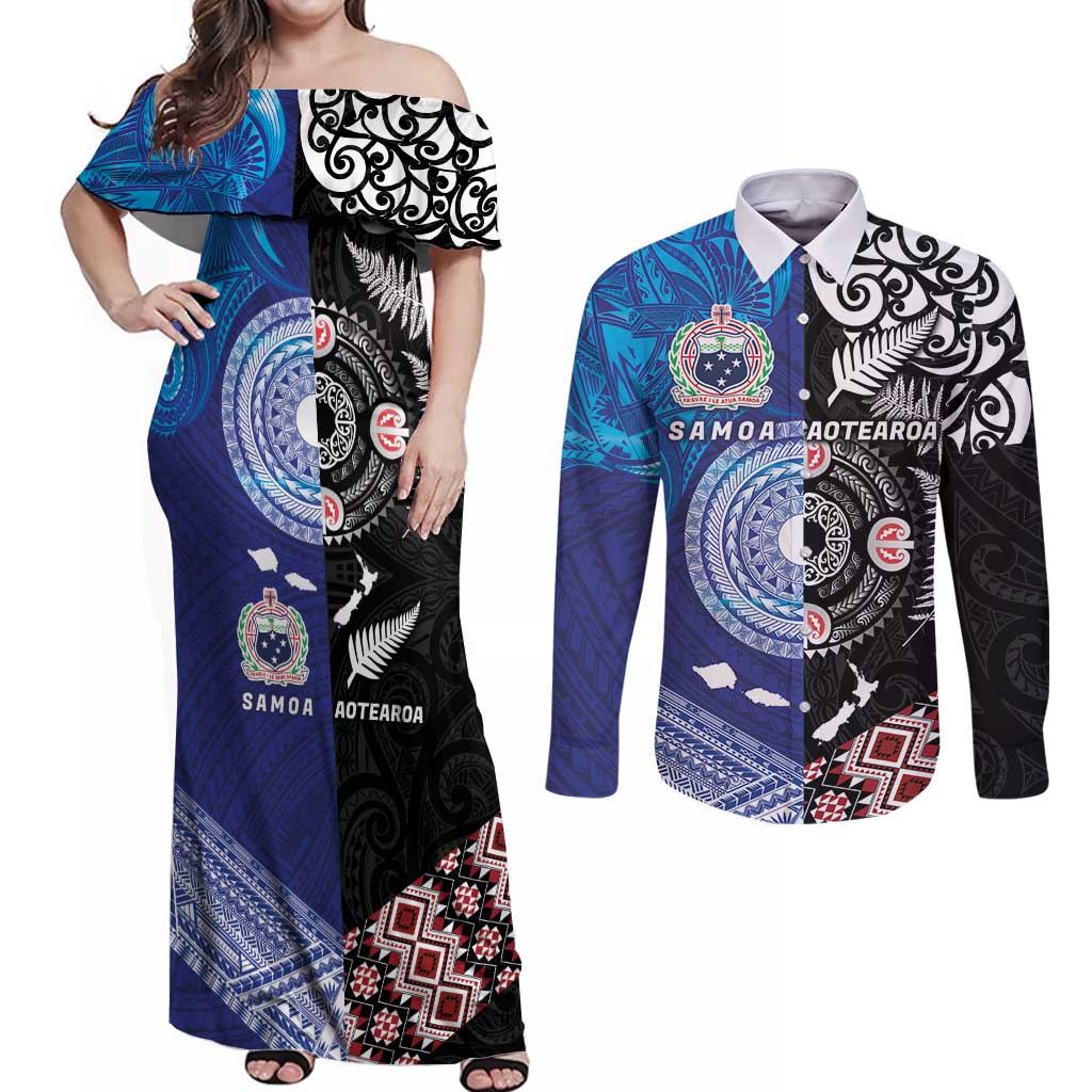 Samoa and Aotearoa Together Couples Matching Off Shoulder Maxi Dress and Long Sleeve Button Shirt Tatau Art Tattoos-Taniko and Maori with Fern LT03 Black - Polynesian Pride