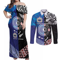 Samoa and Aotearoa Together Couples Matching Off Shoulder Maxi Dress and Long Sleeve Button Shirt Tatau Art Tattoos-Taniko and Maori with Fern LT03 Black - Polynesian Pride