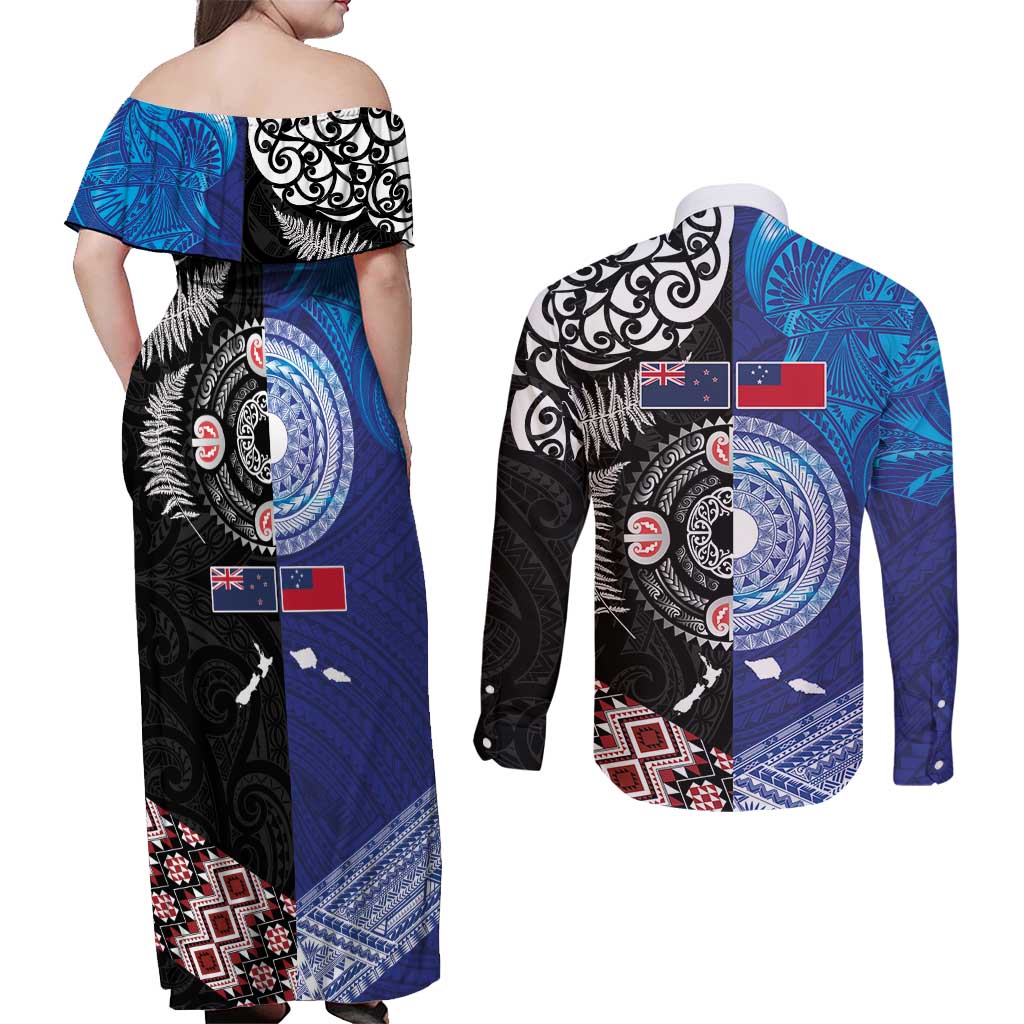 Samoa and Aotearoa Together Couples Matching Off Shoulder Maxi Dress and Long Sleeve Button Shirt Tatau Art Tattoos-Taniko and Maori with Fern LT03 - Polynesian Pride