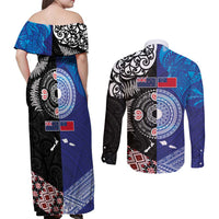 Samoa and Aotearoa Together Couples Matching Off Shoulder Maxi Dress and Long Sleeve Button Shirt Tatau Art Tattoos-Taniko and Maori with Fern LT03 - Polynesian Pride