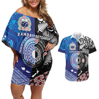Samoa and Aotearoa Together Couples Matching Off Shoulder Short Dress and Hawaiian Shirt Tatau Art Tattoos-Taniko and Maori with Fern LT03 Black - Polynesian Pride