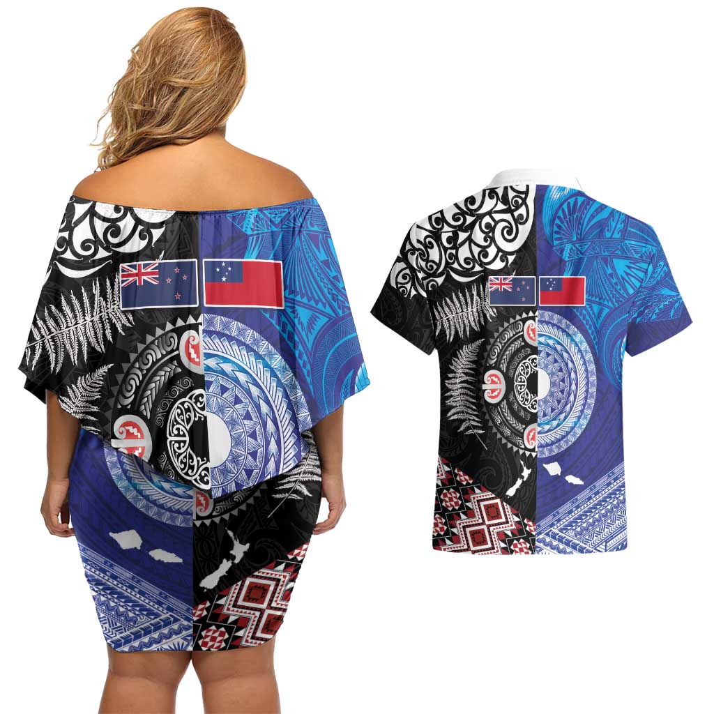 Samoa and Aotearoa Together Couples Matching Off Shoulder Short Dress and Hawaiian Shirt Tatau Art Tattoos-Taniko and Maori with Fern LT03 - Polynesian Pride